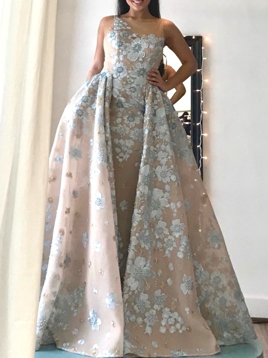 Sherri Hill Dresses & Skirts - Sherri Hill burlap and Pale Blue One-Shoulder Floral Appliqué Prom Gown